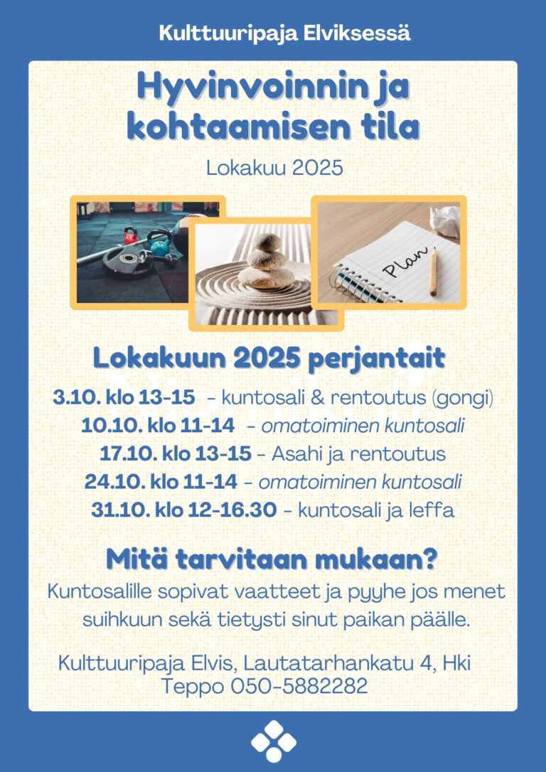 Hyvinvoinnin ja kohtaamisen tila Kulttuuripaja Elviksessä perjantaisin